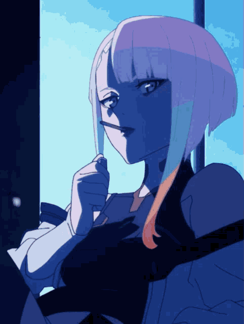 Chica cyberpunk fumando junto a una ventana